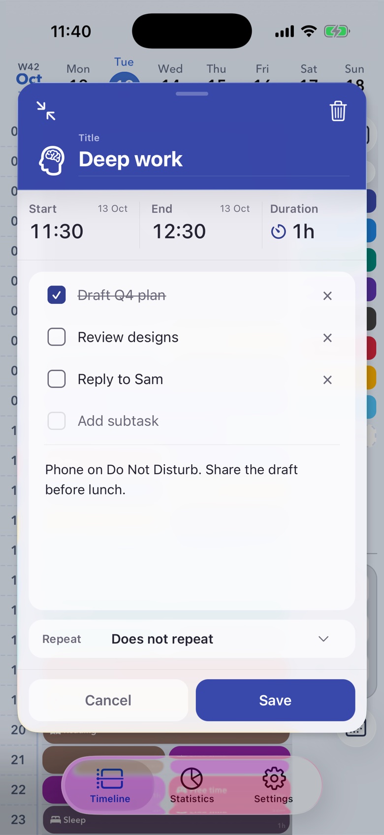 24 Block editor for a Deep work block with subtasks, a note and a repeat setting