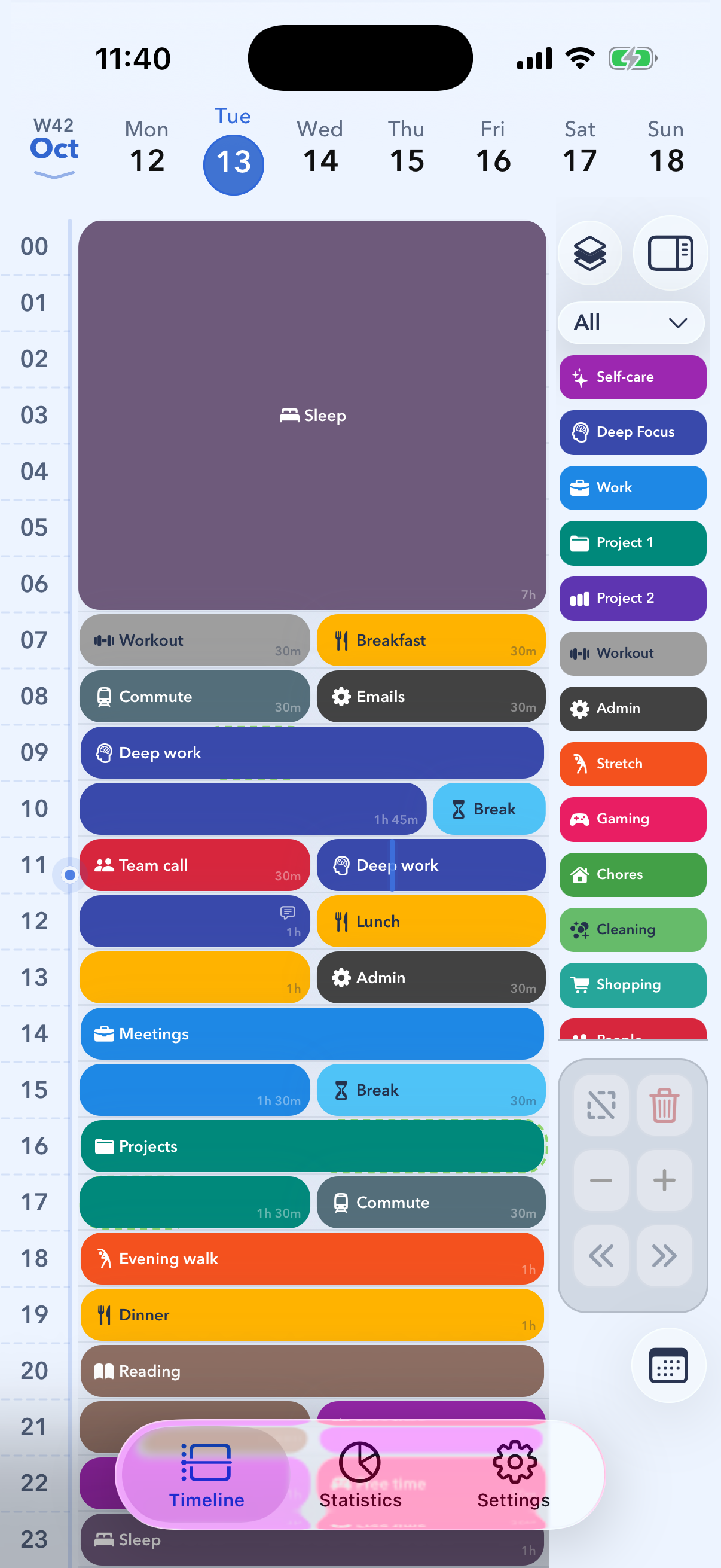 24 Block day view with calendar events sitting behind the blocks as dashed outlines