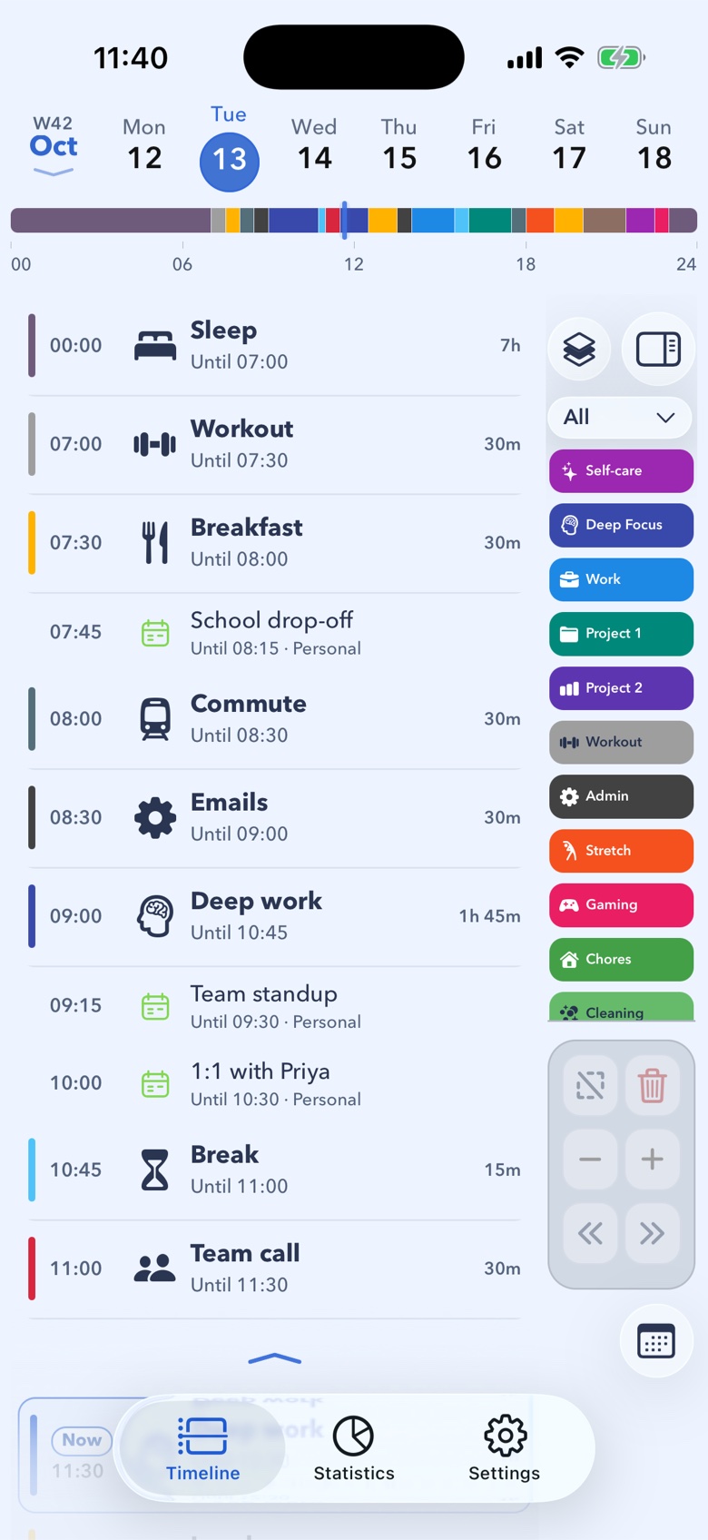 24 Block schedule view with School drop-off, Team standup and 1:1 calendar events listed between blocks