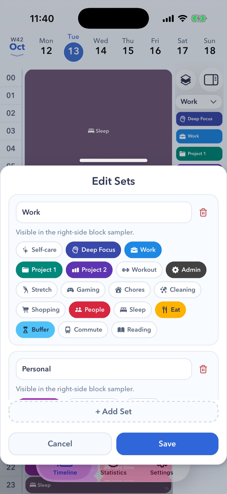 24 Block day view with the category panel showing colour-coded activities
