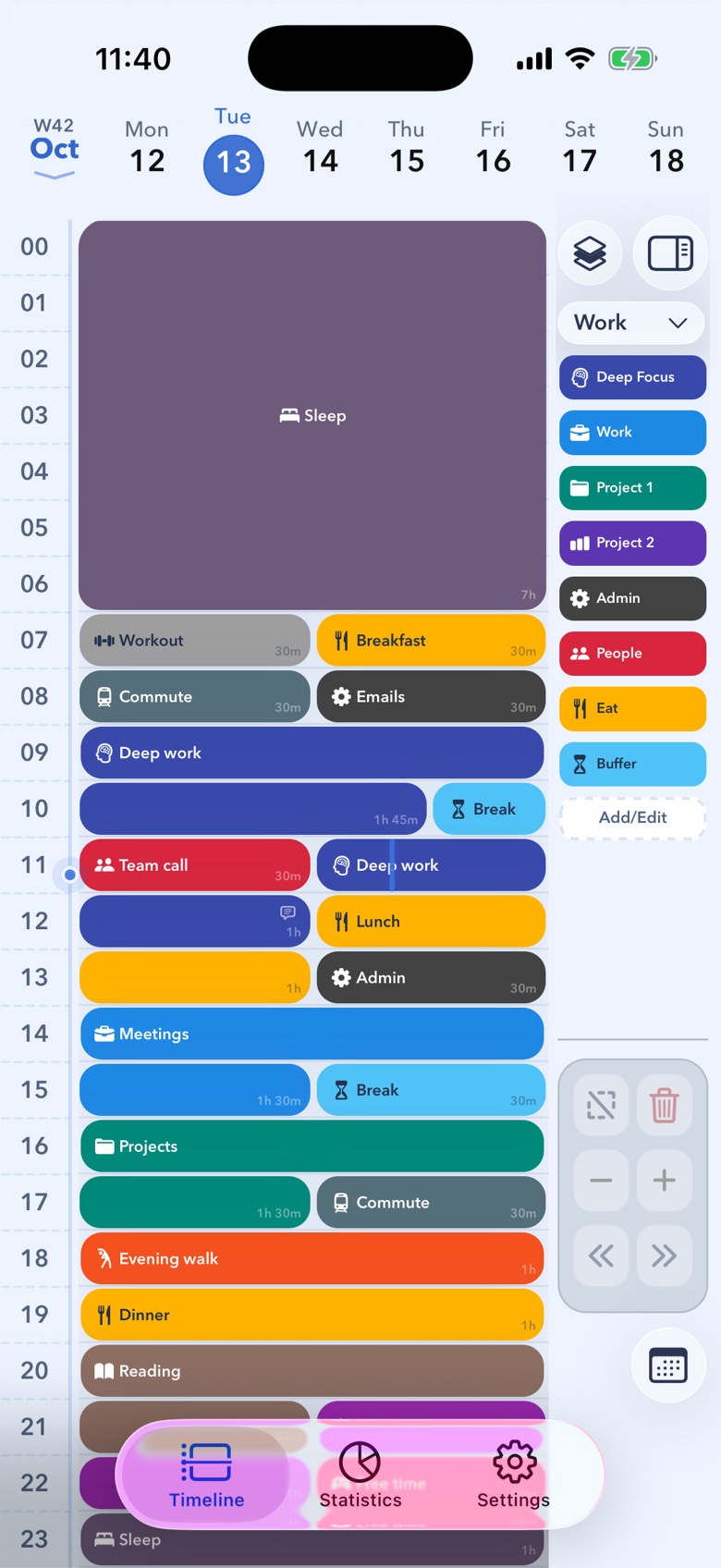 24 Block day view showing one day of colour-coded time blocks