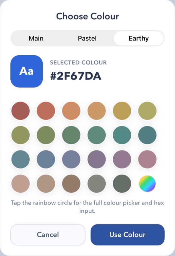 Choose Colour card showing the Earthy palette swatches