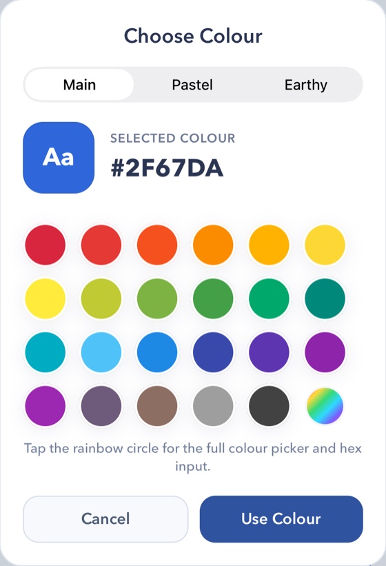 Choose Colour card showing the Main palette swatches