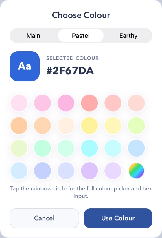 Choose Colour card showing the Pastel palette swatches