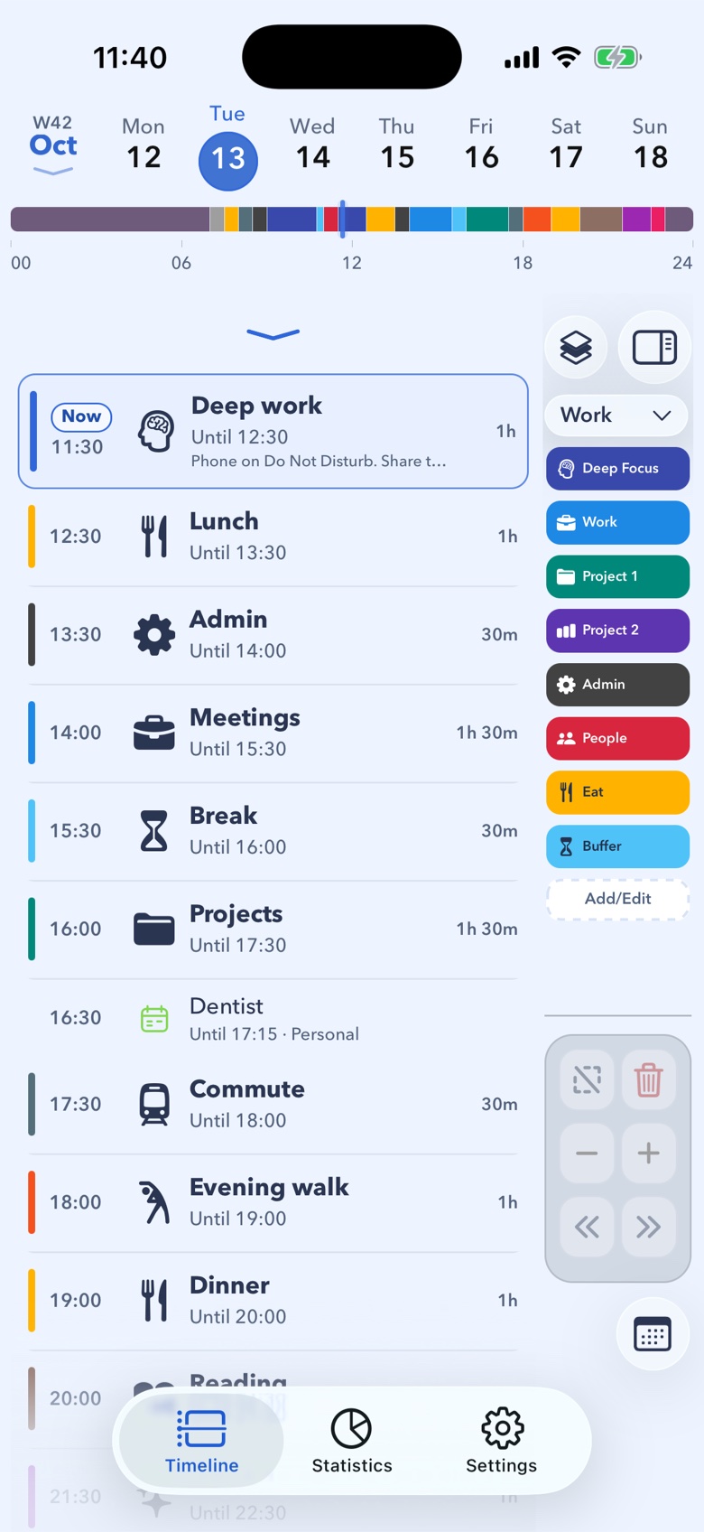 24 Block schedule view with earlier blocks collapsed and the current Deep work block marked Now